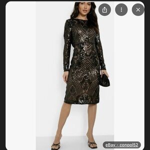 Boohoo Black and Gold Sheath Midi Dress Long Sleeve Crew Neck